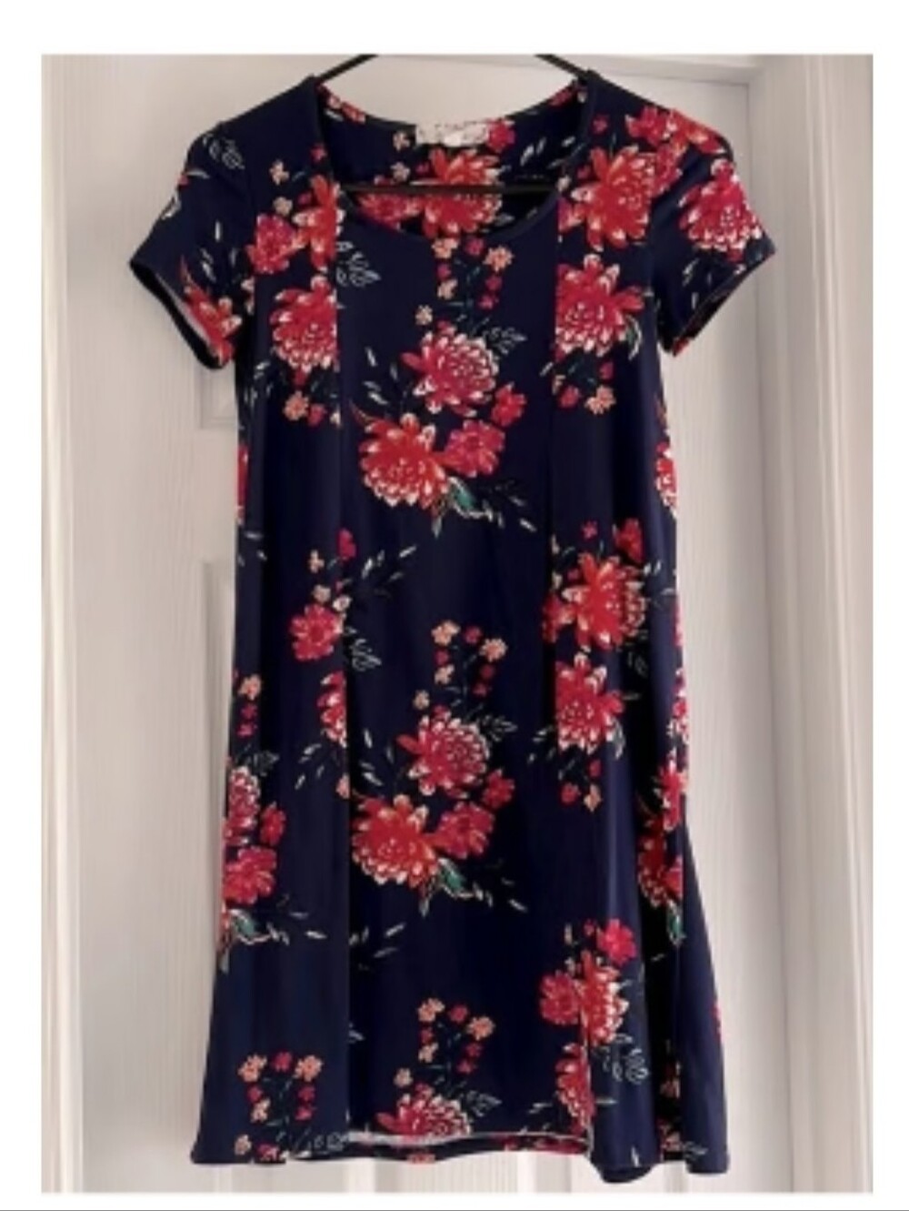 Navy Floral Swing Dress with Pink Red Blooms